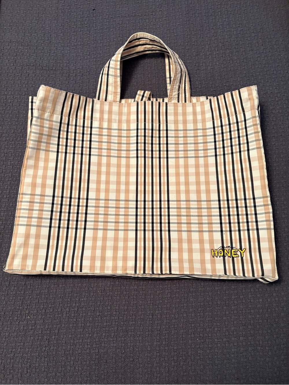 Ganni “Honey” Plaid Large Tote Bag in Beige